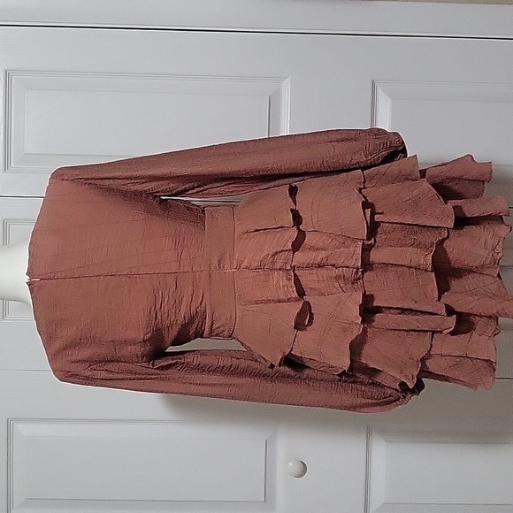 Angel Biba Deep V- Neck Back Zip Balloon Sleeve Ruffled Party Dress - Size S - Picture 4 of 9